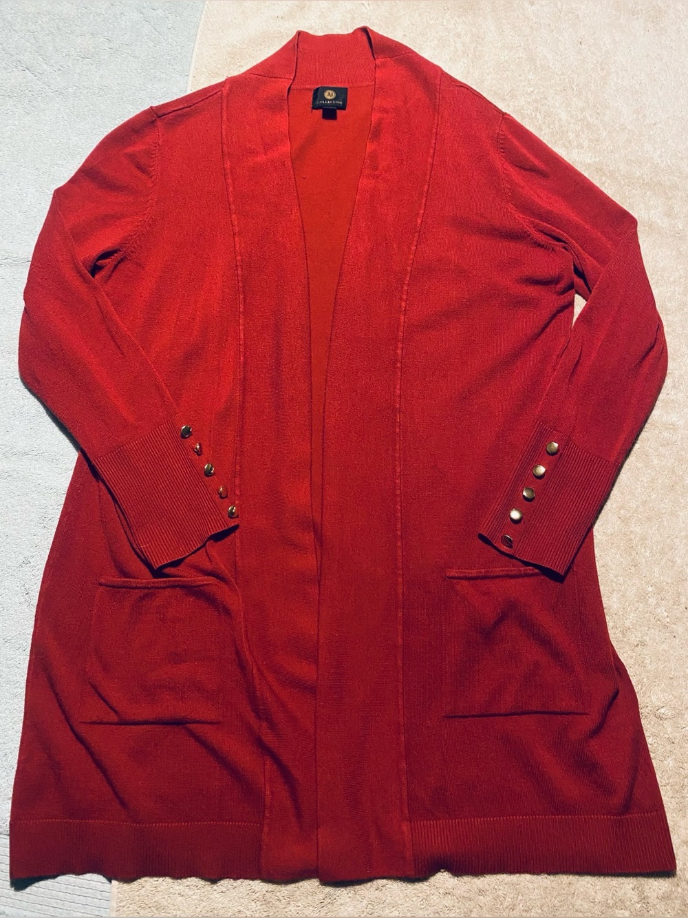 JM Collection Red Flyaway Longline Cardigan Sweater Womens M Gold Button Sleeves